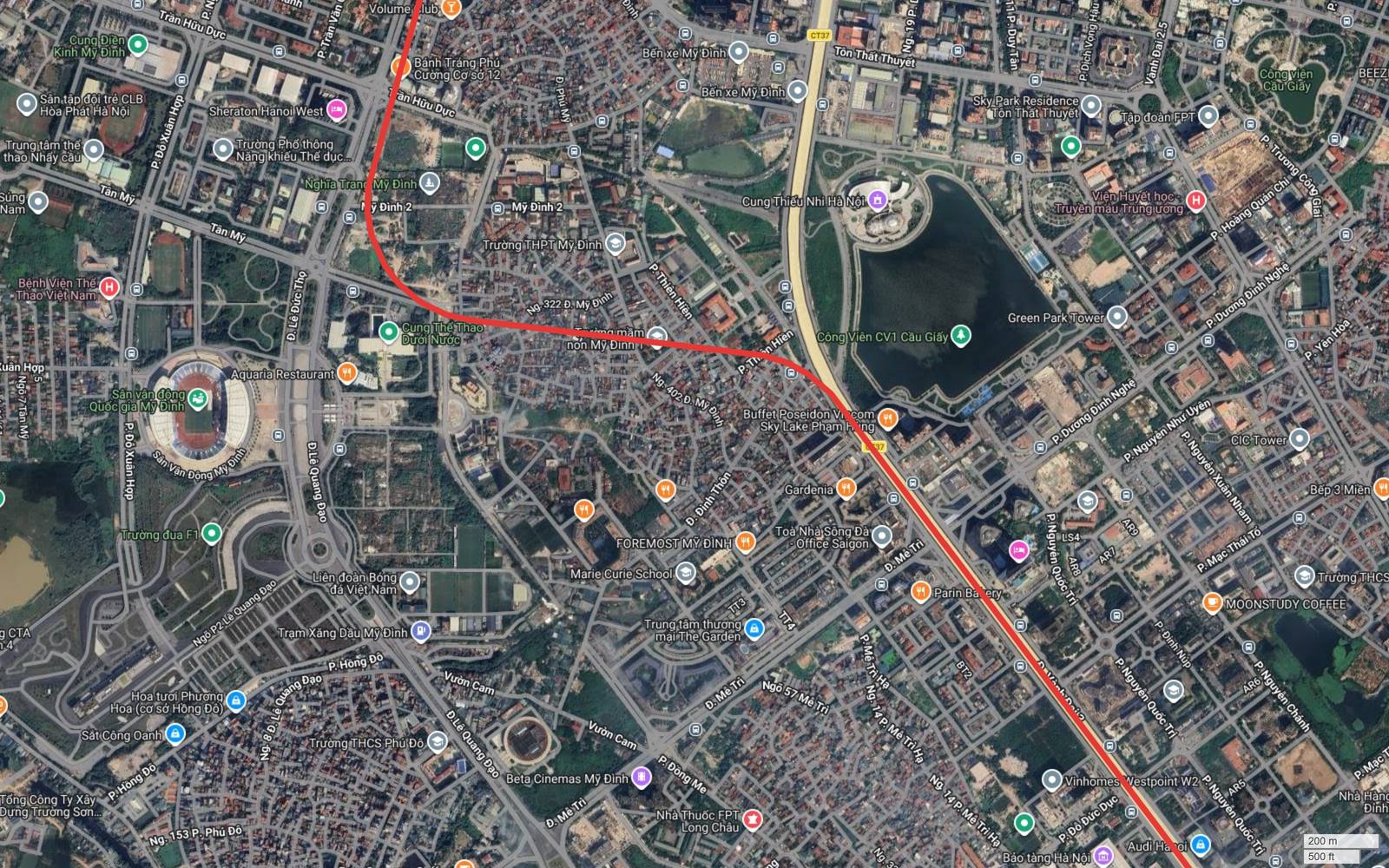 Điểm khép vòng của tuyến metro số 10 Hà Nội trên trục Phạm Hùng đoạn Mễ Trì, nơi vạch đỏ tim tuyến rẽ sang đường Mỹ Đình